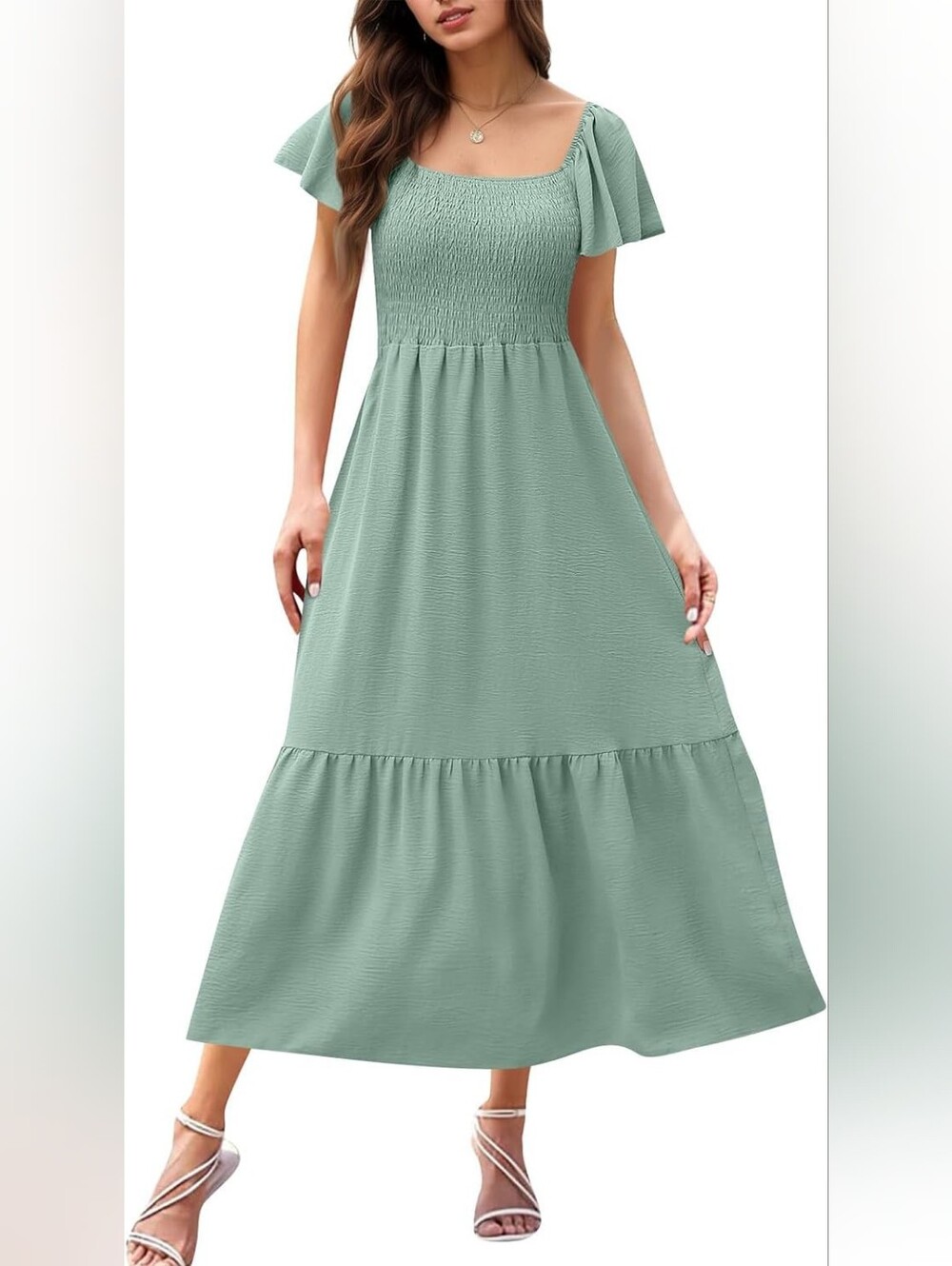 Savannah Chic Smocked Sage Green Maxi Dress with Flutter Sleeves